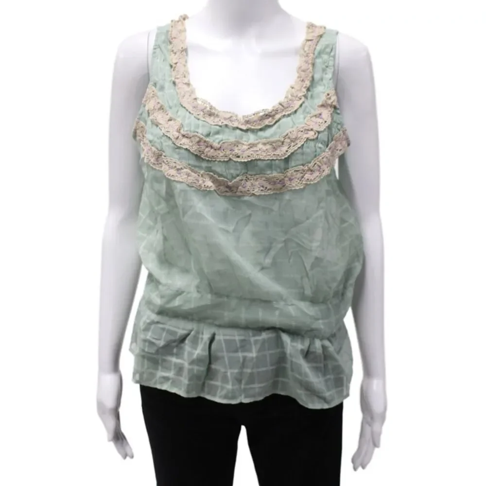 Free People Women Boho Green Check Scoop Neck Camisole 100% Polyester Size 10